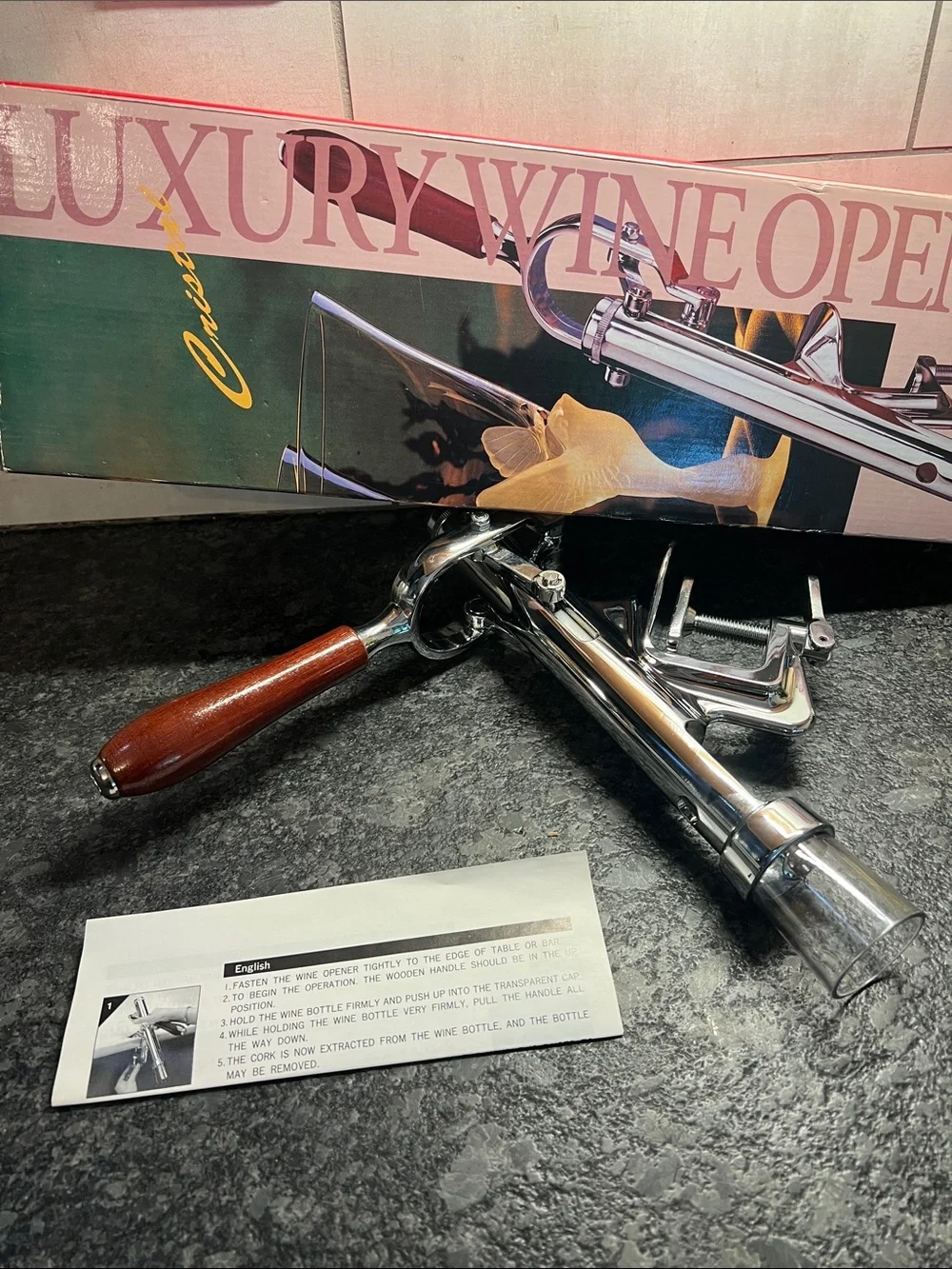 PROFESSIONAL Luxury Wine Opener with Wood Handle - Mount on wall or counter NIB